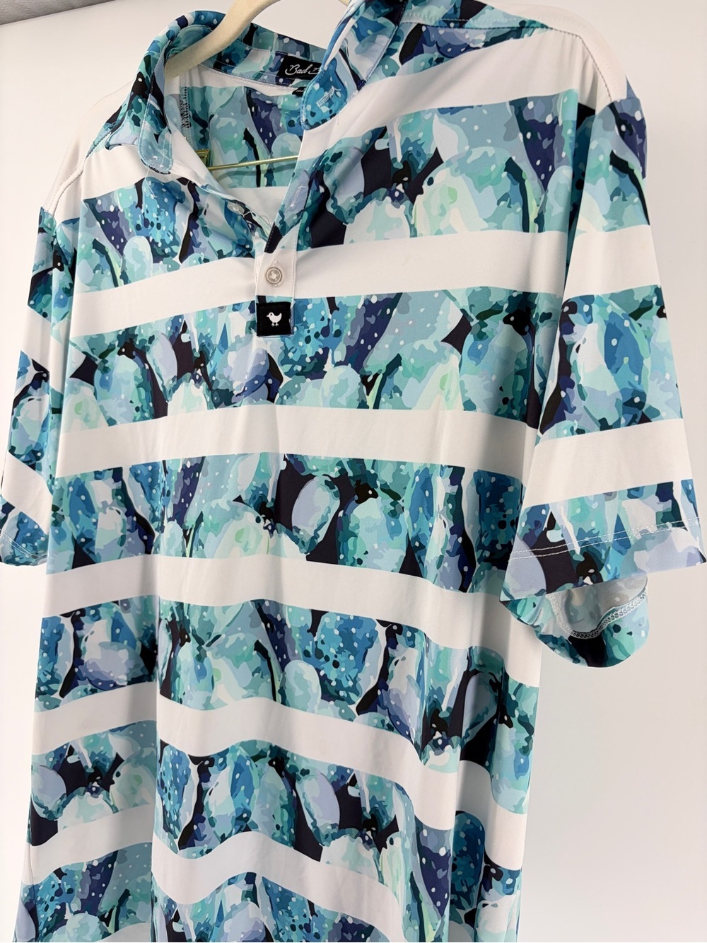 Men's Bad Birdie Short Sleeve Polo - Aqua & Navy Pattern Sz L - Picture 2 of 9